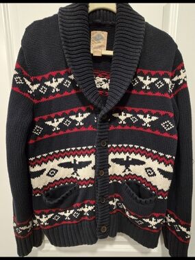 Vintage SV Southwest Shawl Collar Cardigan Sweater Navy Big Lebowski Style